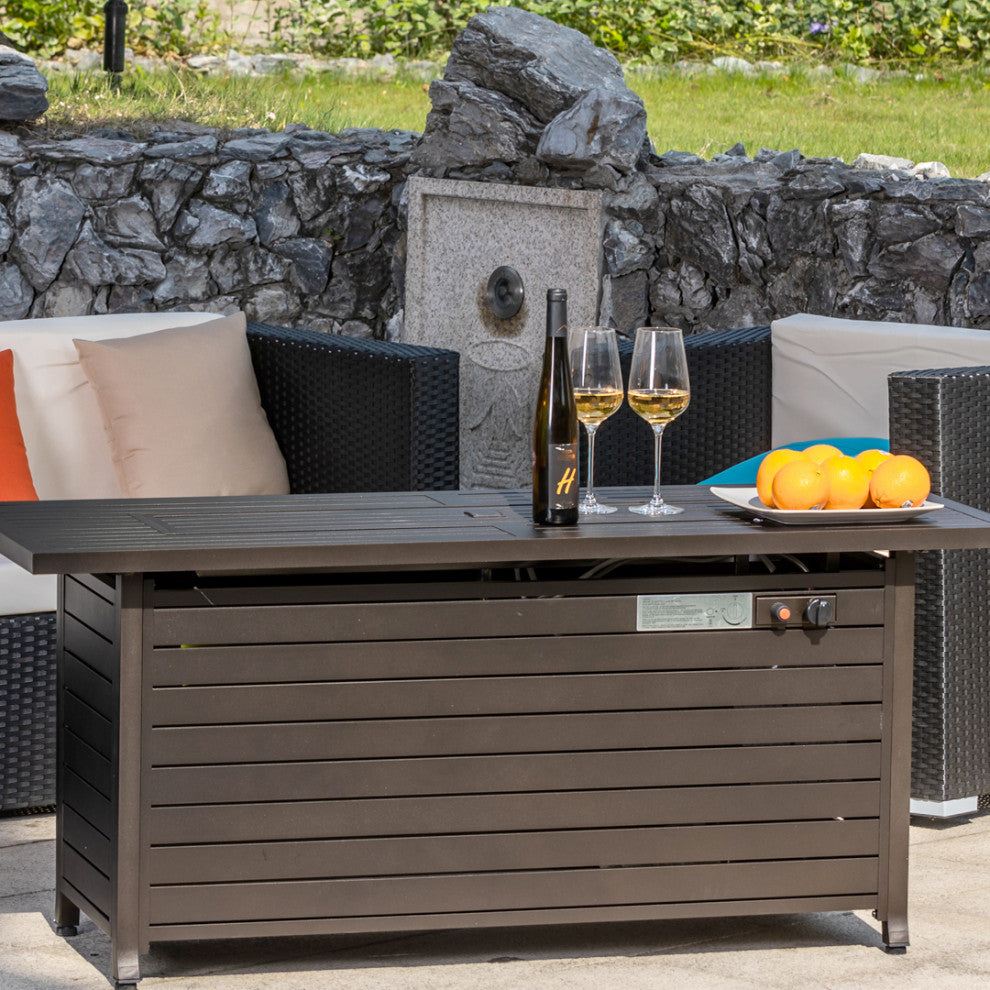 Aluminum Rectangular Fire Pit Table With Stainless Steel Burner, Mocha