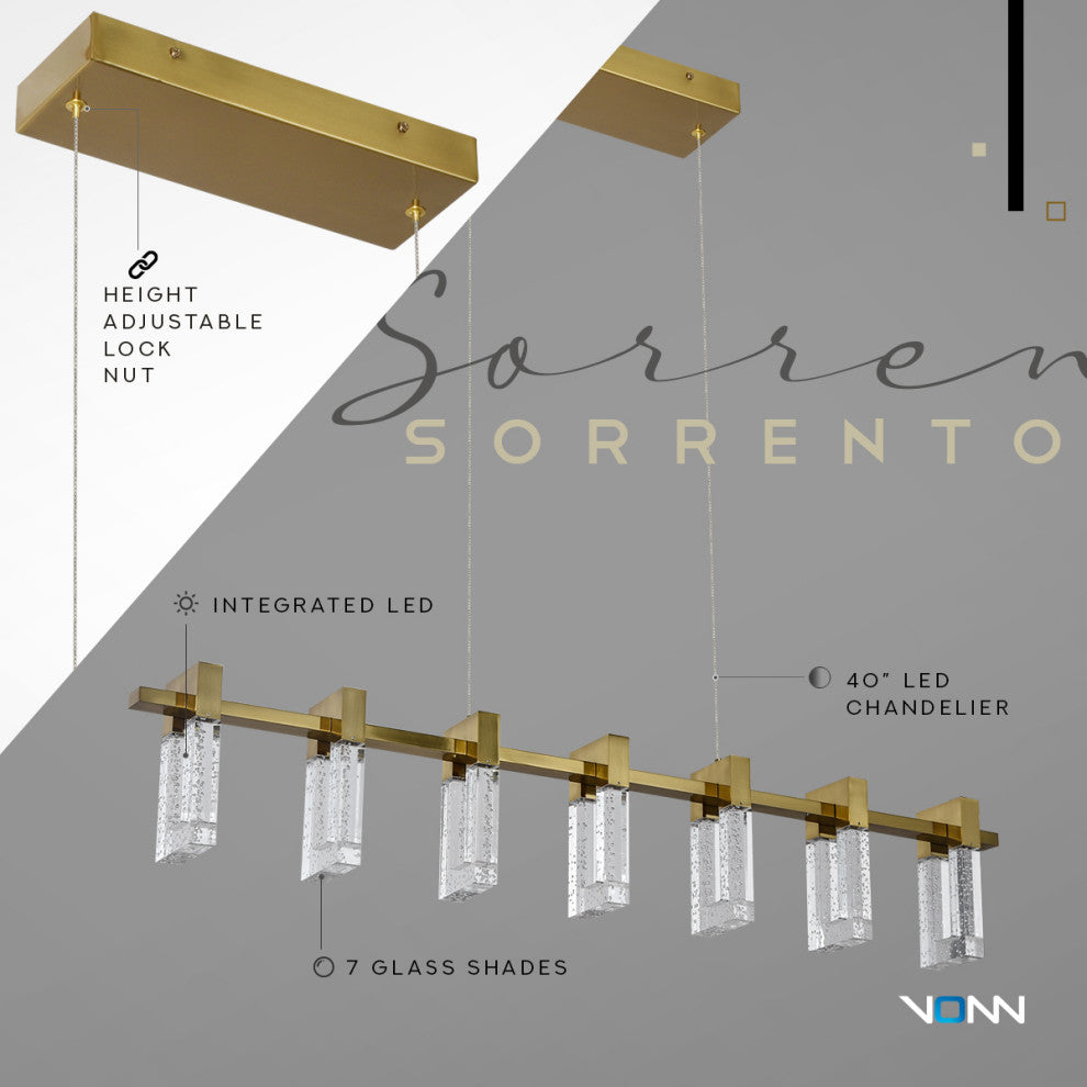 Sorrento 40" Linear ETL Certified Integrated LED Chandelier, Antique Brass