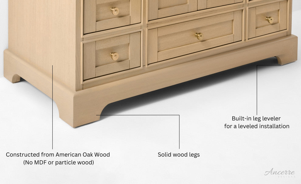 Audrey Vanity Set, Oak, 48", Gold Hardware, White Quartz Top