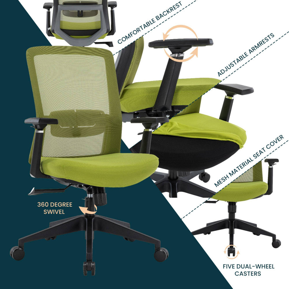 LeisureMod Ingram Modern Mesh Office Task Chair With Adjustable Armrests, Green/Green