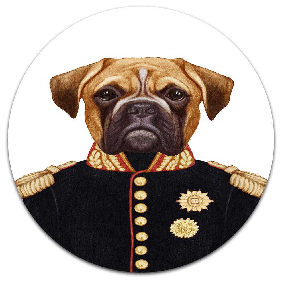 Funny Boxer Dog In Military Uniform, Modern Animal Round Wall Art, 23"