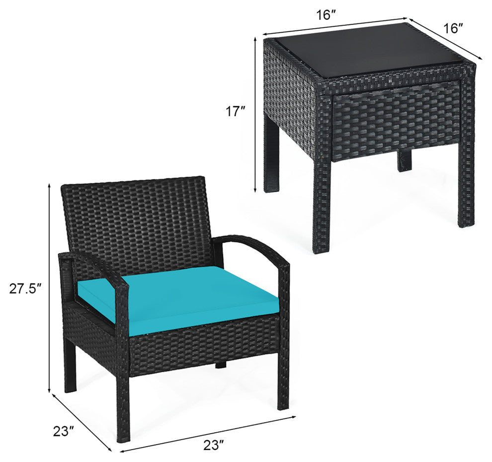 Costway 3PC Patio Rattan Furniture Set Coffee Table Sofa Cushioned Turquoise