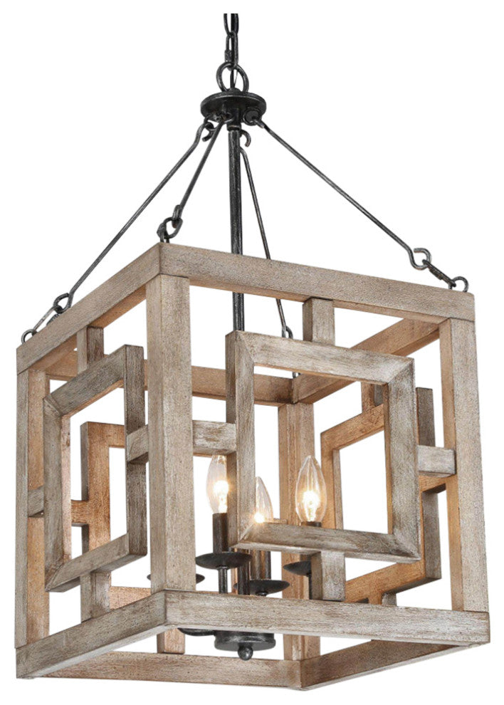 4-Lights Bruched Farmhouse and White Wood Chandelier For Living Room