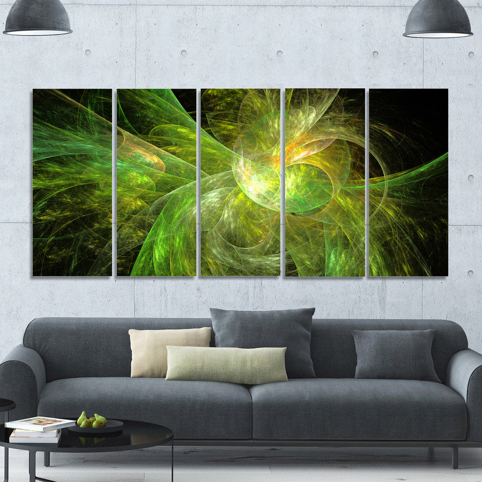 Green on Black Fractal Illustration, Abstract Canvas Print, 60"x28", 5 Panels