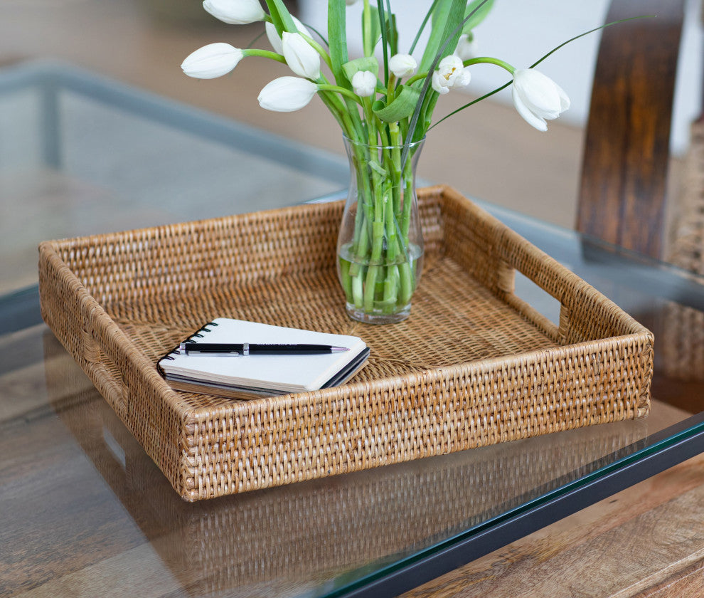 Artifacts Rattan™ Square Ottoman Tray with Cutout Handles, Honey Brown, 18"x18"