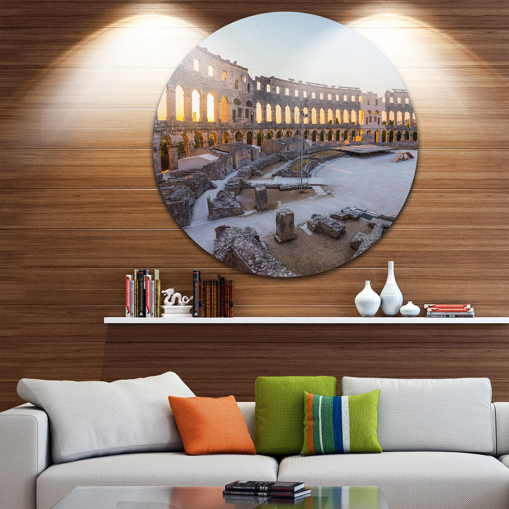 Inside Ancient Roman Amphitheater, Landscape Disc Metal Wall Art, 11"