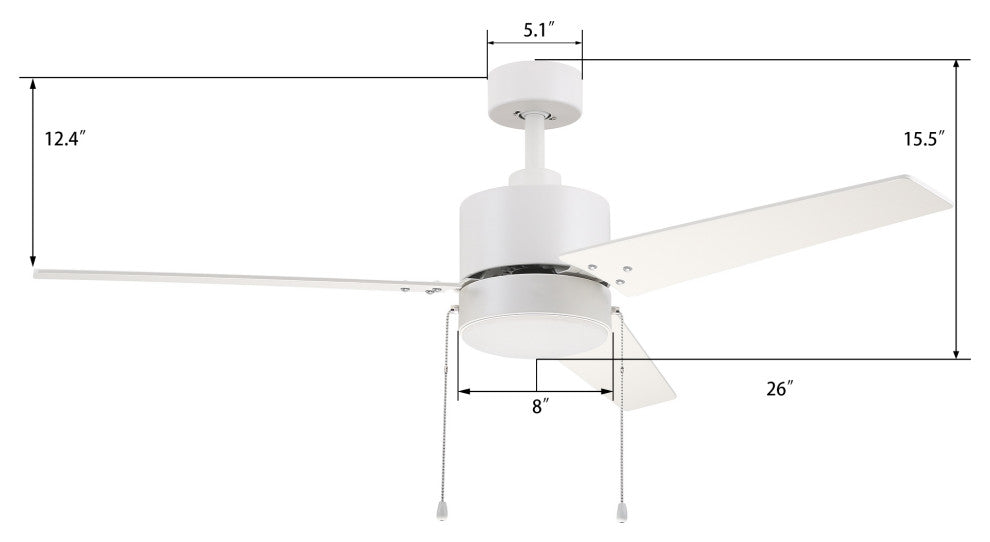 52" Ceiling Fan With Pull Chains Light Kit Work With Stable and Silent motor, White