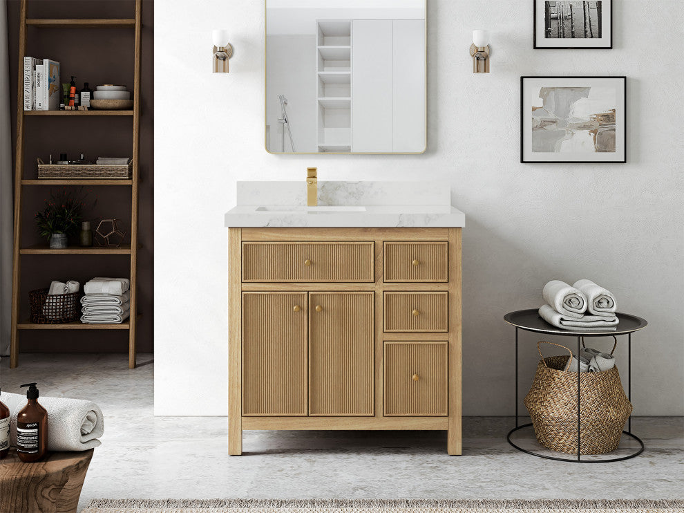 Sonoma 36 Left Offset Bath Vanity in Light Natural Teak with 2" Calacatta Nuvo