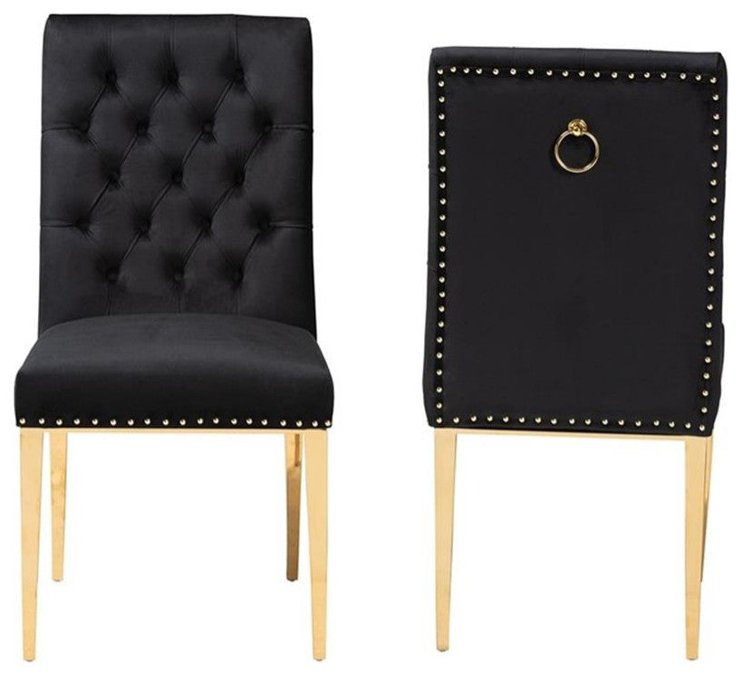 Caspera Black Velvet Fabric and Gold Metal 2-Piece Dining Chair Set