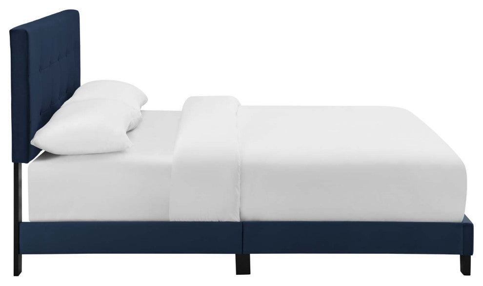 Amira Queen Upholstered Velvet Bed, Midnight Blue