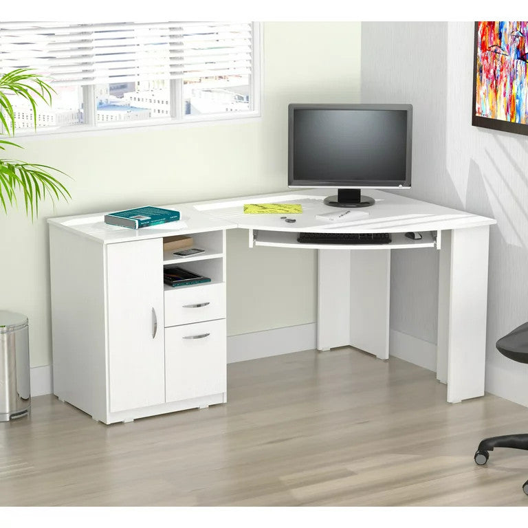 Modern Corner Desk, Pull Out Keyboard Tray & Ample Storage Space, Washed Oak
