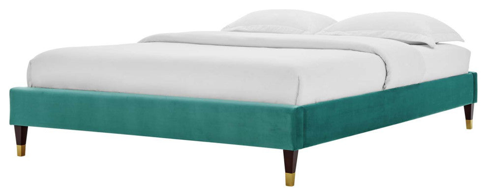 Platform Bed Frame, Full Size, Velvet, Teal Blue, Modern Contemporary, Bedroom