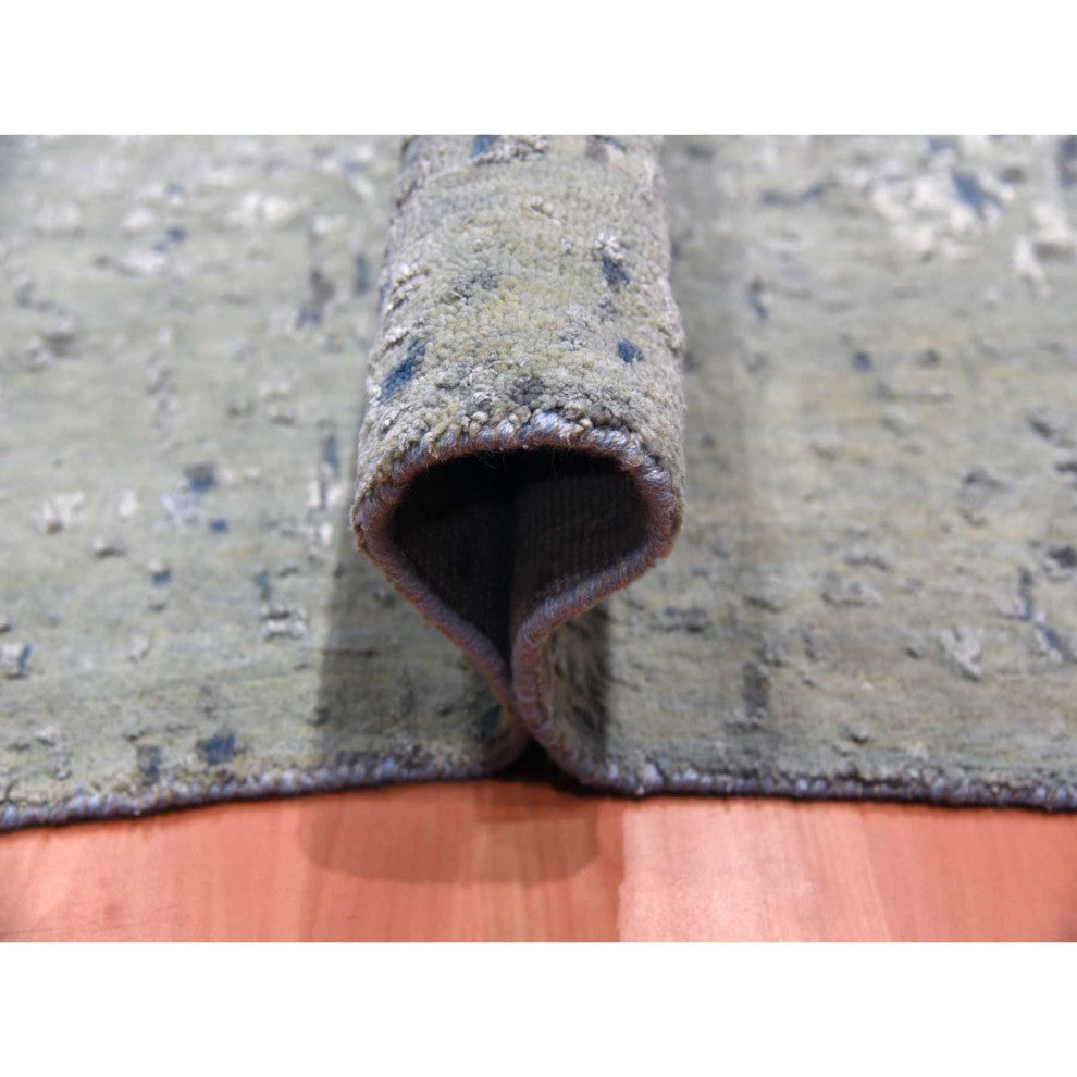 Denim Blue, Modern, Hand Knotted Pure Silk and Wool Oversized Rug, 12'0"x18'0"