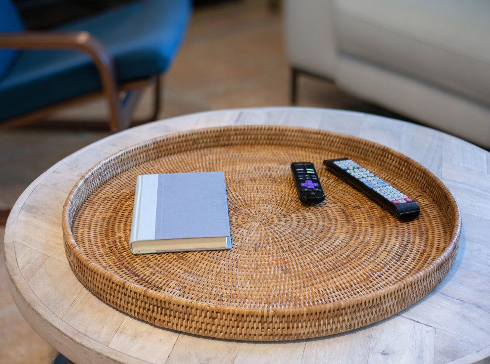 Artifacts Rattan™ Round Serving / Ottoman Tray, Honey Brown, 24"x24"x2"