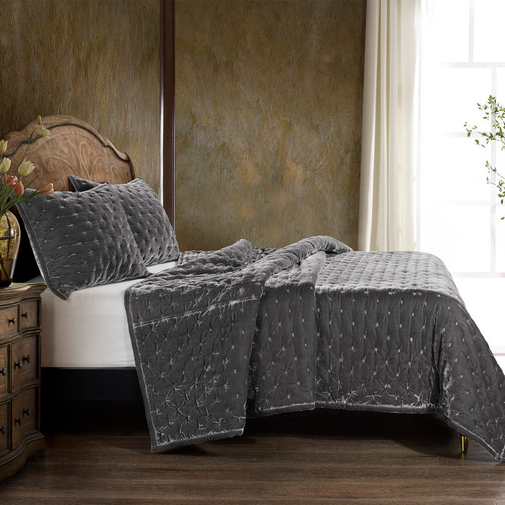 3-Piece HiEnd Accents Stella Faux Silk Velvet Quilt Set, Slate, Queen