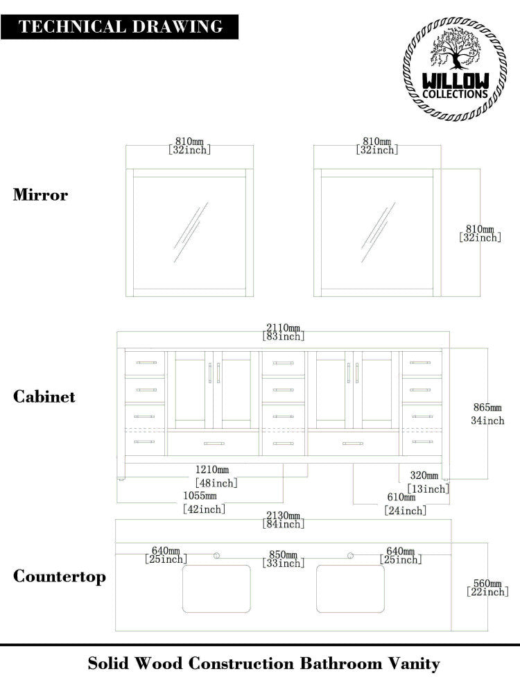Willow Collections Malibu Vanity, White, Calacatta Quartz, 84"