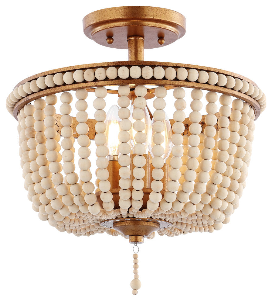 Allie 14" 3-Light Farmhouse Wood Bead/Iron LED Semi Flush Mount, Gold/Taupe