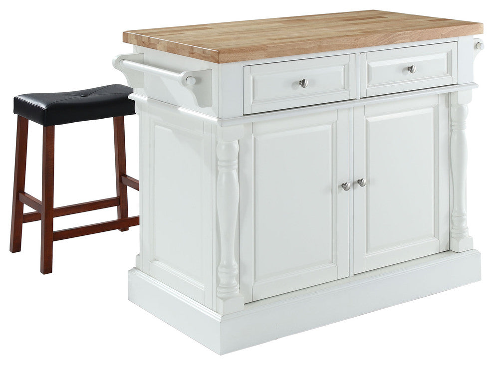 Butcher Block Top Kitchen Island, White Finish With 24" Black Upholstered Sadd