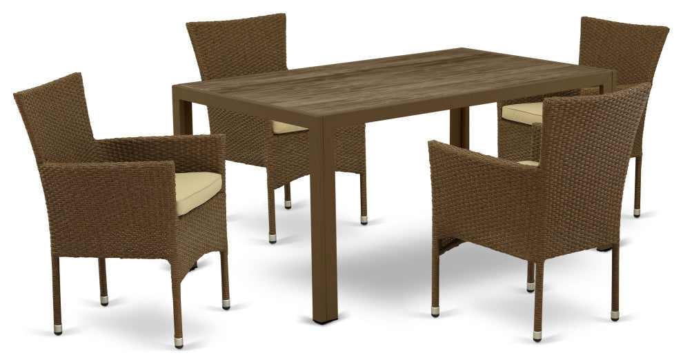 5Pc Outdoor- Brown Wicker Dining Set, Patio Table, 4 Balcony Backyard Armchair