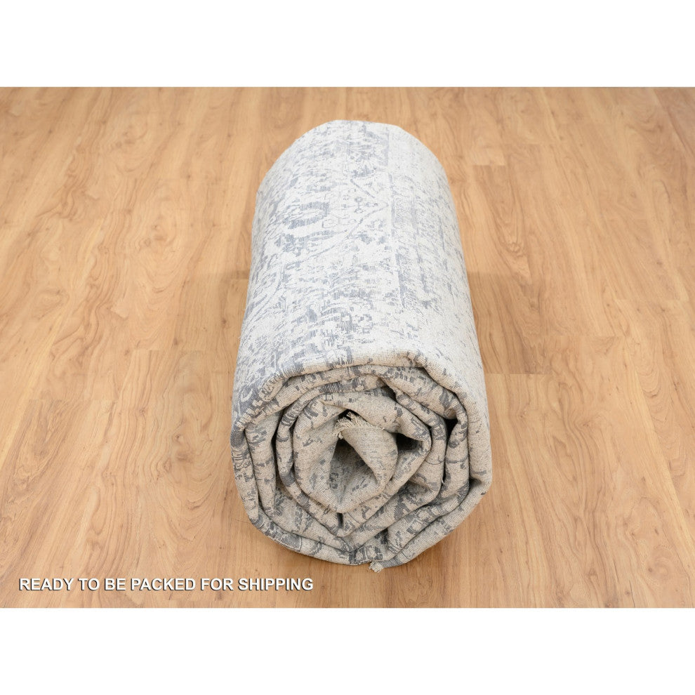 Gray Wool and Silk Hand Knotted Erased Persian Design Oversized Rug 12'1"x15'1"