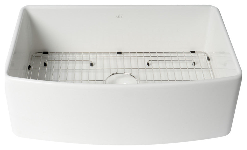 ALFI Brand ABFC3020-W Smooth Curved Apron One Bowl Fireclay Farm Sink with Grid