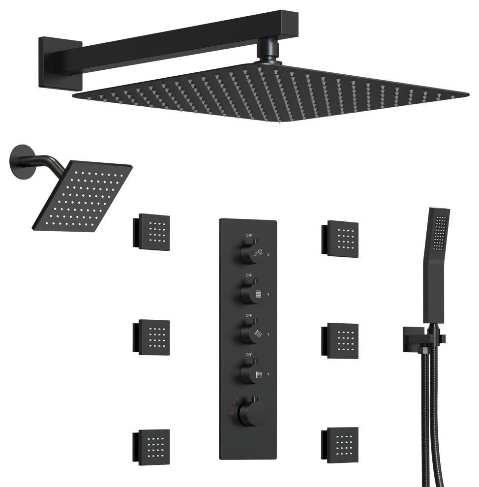 Dual Heads 16" Thermostatic Shower System With Hand Shower, Matte Black