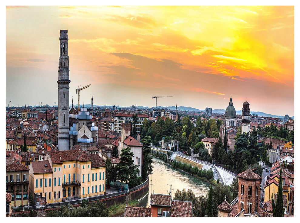 Verona at Sunset in Italy, Cityscape Canvas Art Print, 40"x30"