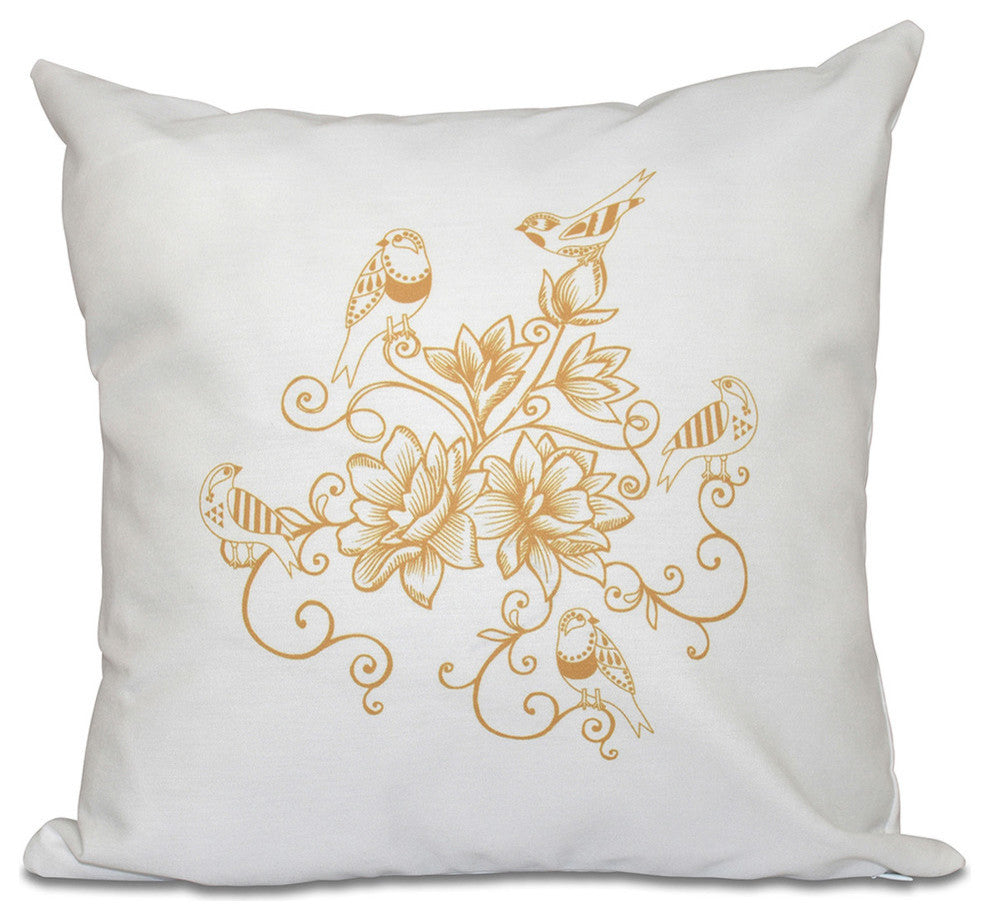 Five Little Birds, Floral Print Pillow, Gold, 16"x16"
