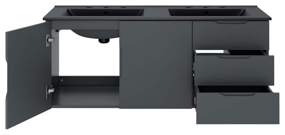 Double Sink Vanity Cabinet, Gray Black, Ceramic, Modern, Hotel Bathroom