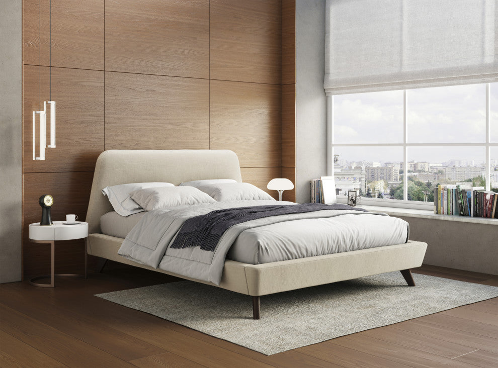 Henry Mid-Century Modern Upholstered Platform Bed, Beige, Queen