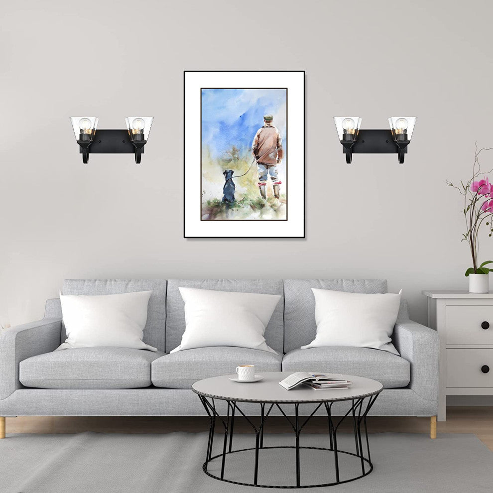 2 Light Glass Wall Sconce Black Industrial Wall Light Fixture