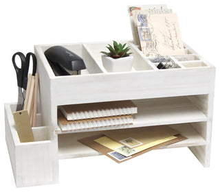 Office Tiered Desk Organizer With Storage Cubbies and Letter Tray, White Wash