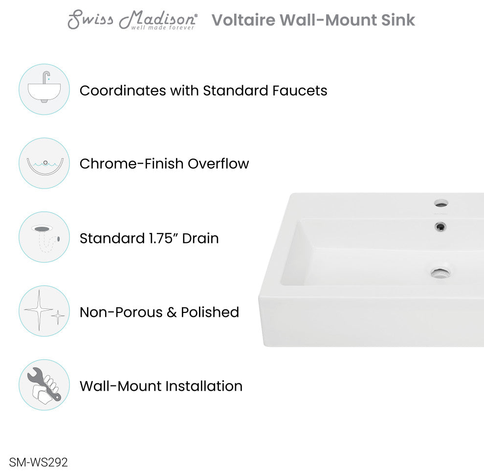 Voltaire Wide Rectangle Wall-Mount Sink, Shiny White