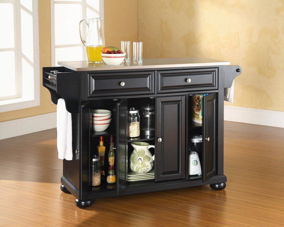 Alexandria Stainless Steel Top Kitchen Island, Black Finish