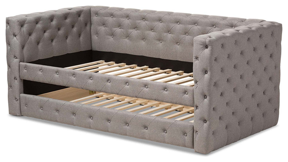 Raven Fabric Tufted Upholstered Daybed With Trundle, Twin Size, Gray