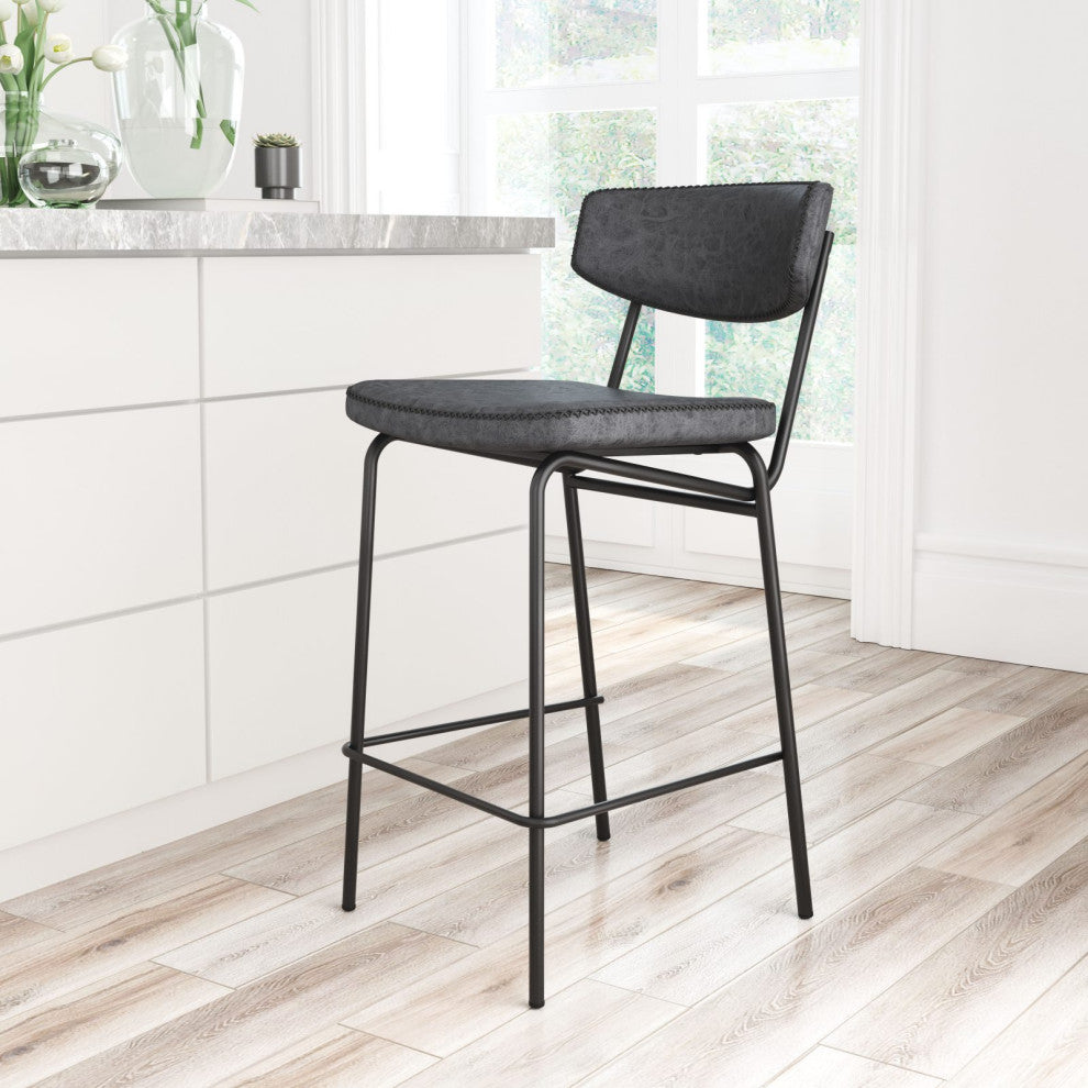 Counter Stool Chair, Set of 2, Faux Vinyl Leather, Steel, Vintage Black, Cafe