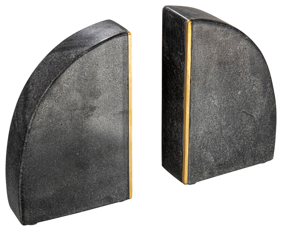 Boho Arched Semicircle Marble Bookends with Brass Detail, Set of 2, Black