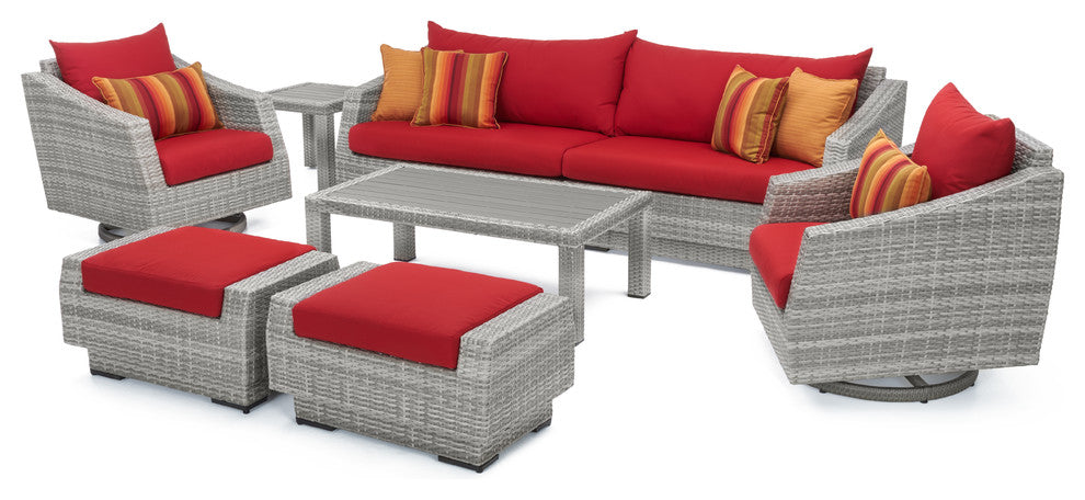 Cannes 8 Piece Deluxe Sunbrella Outdoor Patio Sofa and Motion Club Chair Set, Red