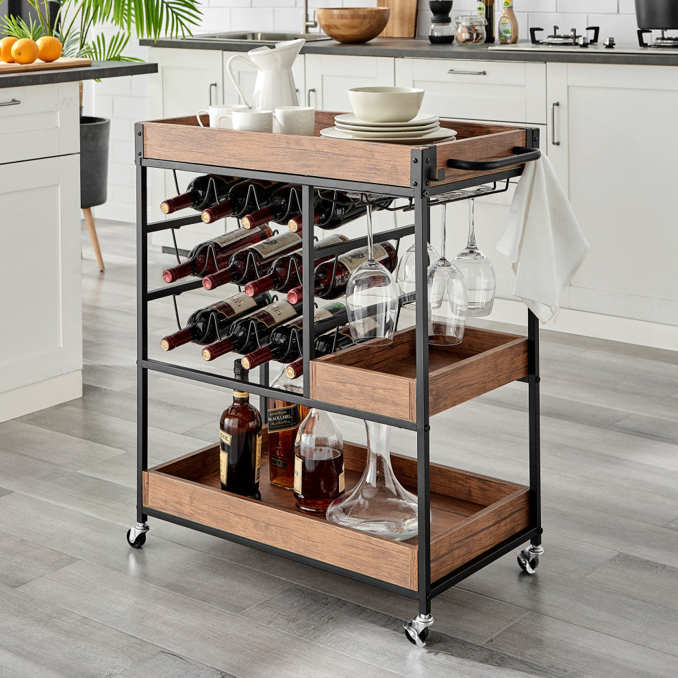 Rustic Walnut Veneer Rolling Farmhouse Wine Bar Cart With Bottle and Glass Rack