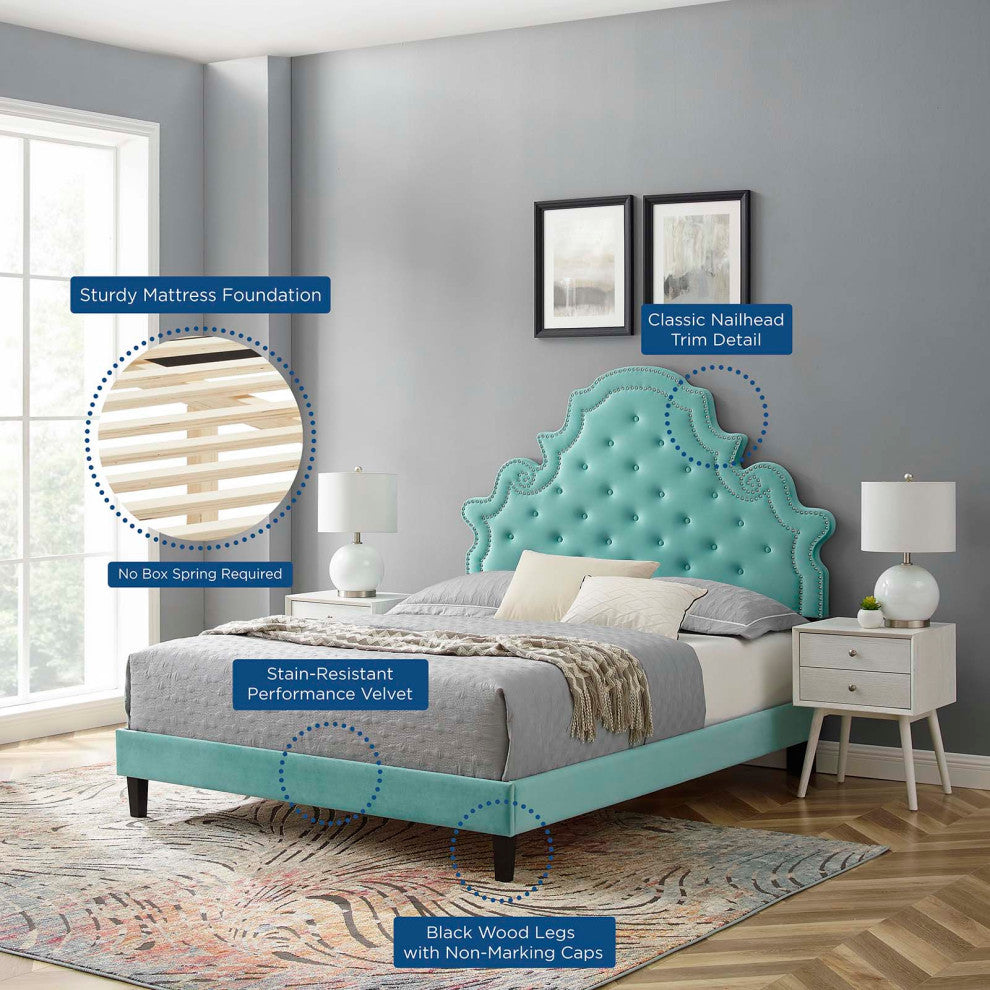 Tufted Platform Bed Frame, King Size, Velvet, Blue, Modern Contemporary, Bedroom