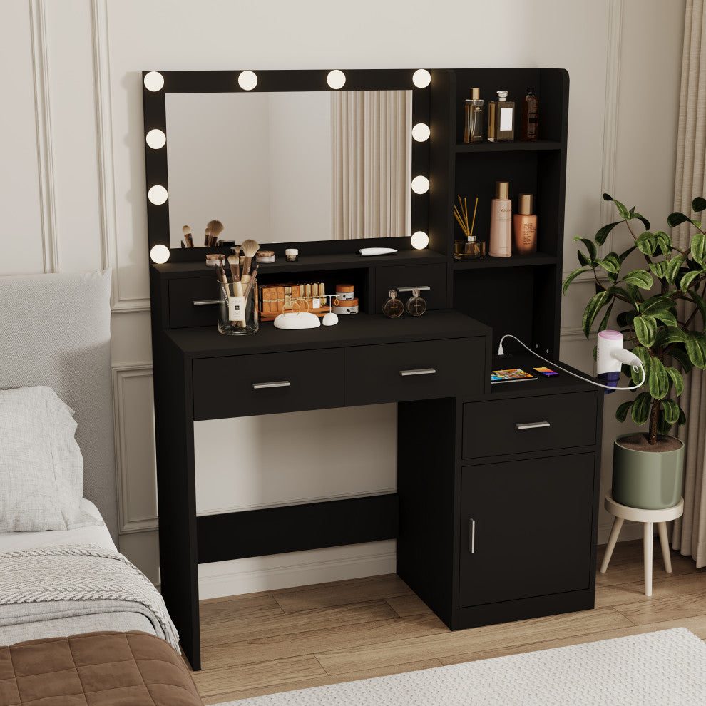TATEUS Modern Makeup Vanity with 10 Light Modes and Ample Storage, Black White