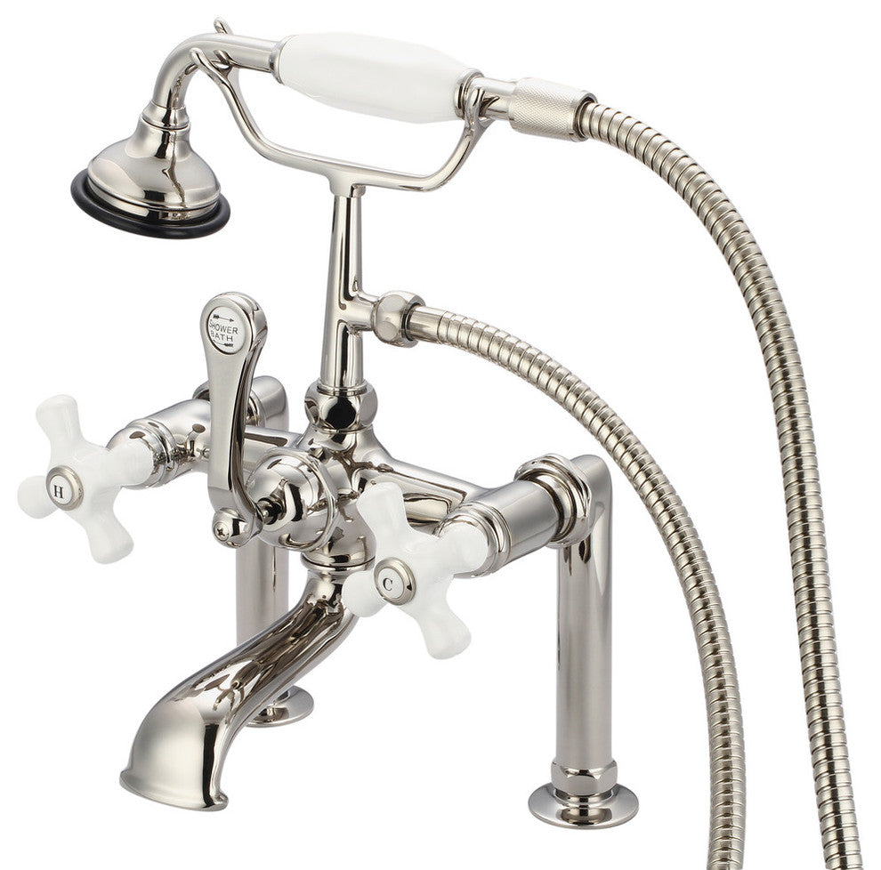 Vintage 7" Spread Deck Mount Tub Faucet w/6" Risers & Handshower, Cross handles