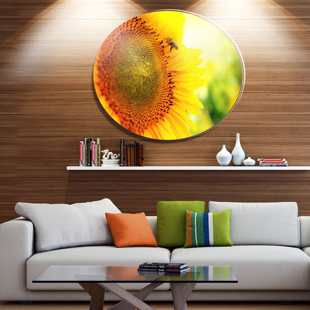 Sunflower Blooming On Field, Animal Disc Metal Artwork, 23"