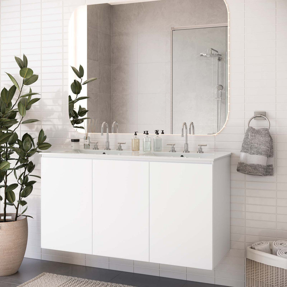 Double Sink Vanity Cabinet, Wall Mount, White, Ceramic, Modern, Hotel Bathroom