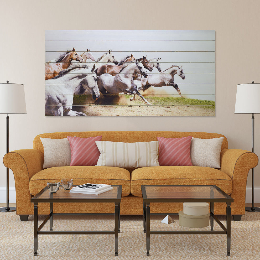 "Charge" Horse Wall Art Printed on Solid Fir Wood Planks