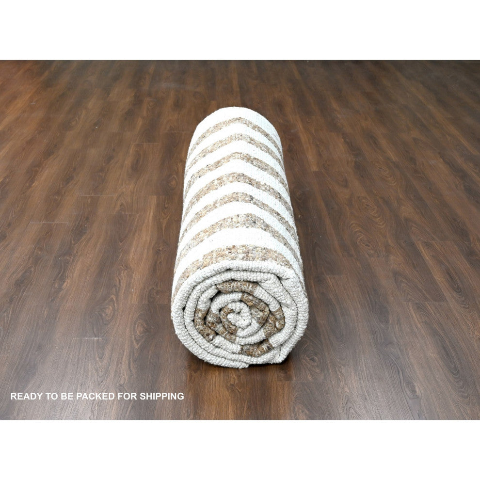 Brown Wool Minimalist Stripe Design Hand Knotted Oversized Rug 12'2"x14'10"