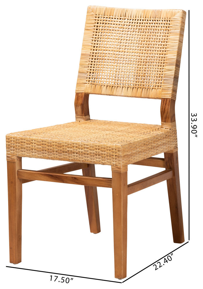 Lesia Bohemian Natural Brown Rattan, Walnut Brown Finish Wood Dining Chair Set