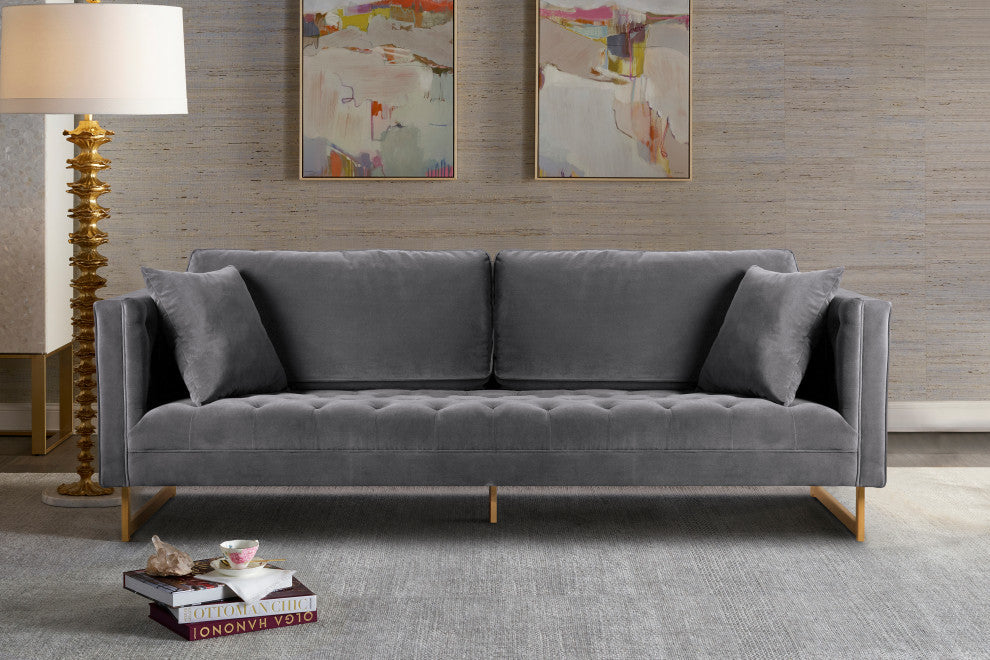 Lenox Velvet Sofa With Brass Legs, Gray