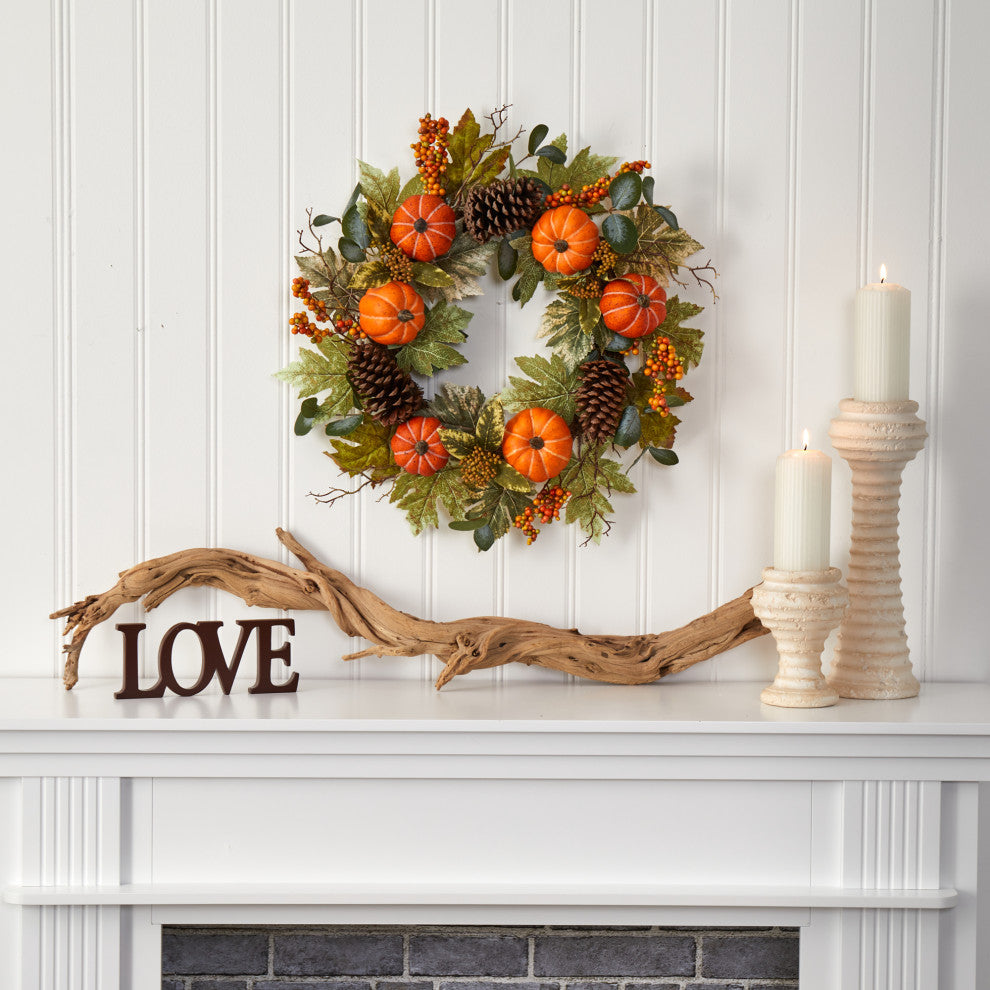 24" Pumpkins, Pine Cones and Berries Fall Artificial Wreath
