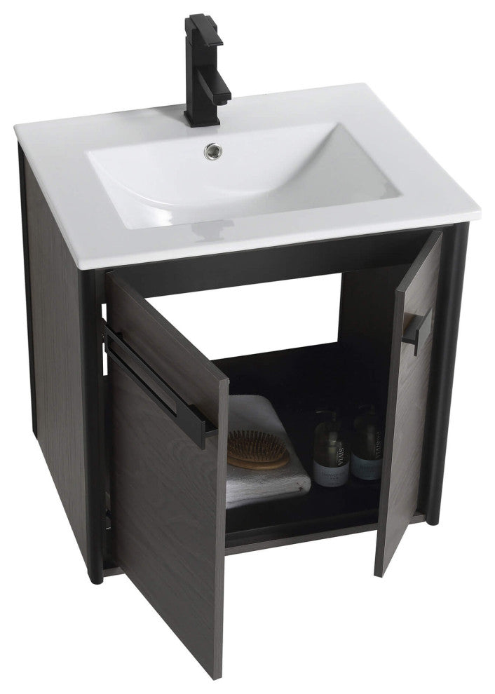 Oakville Wall Mount Bathroom Vanity, Black Coal Oak, 24", Black Hardware